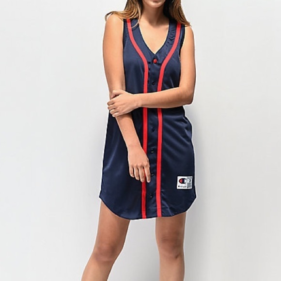 Champion Dresses & Skirts - CHAMPION sz M Navy Blue Mesh Jersey Baseball Dress Red Trim